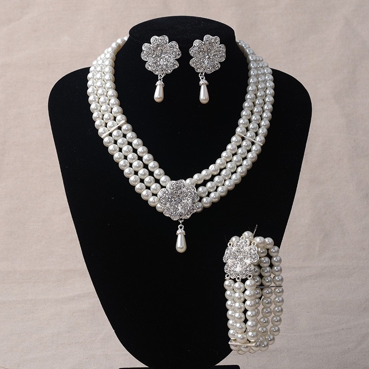 Elegant Pearl Diamond Wedding Bridal Jewelry Set Including