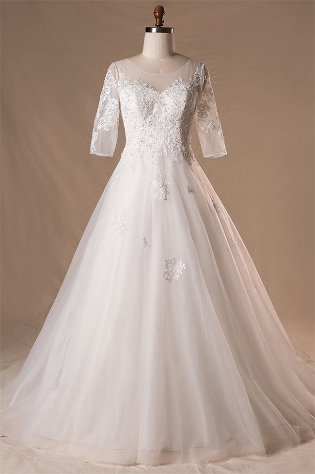 Ball Gown Illusion Neckline Lace Tulle Plus Size Wedding