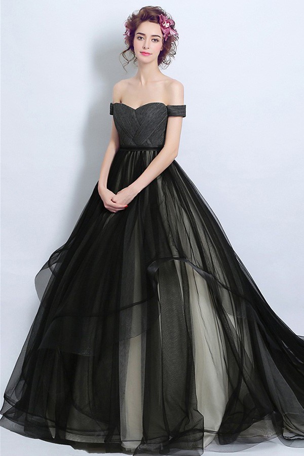 Ball Gown Off The Shoulder Gothic Black Tulle Ruffle