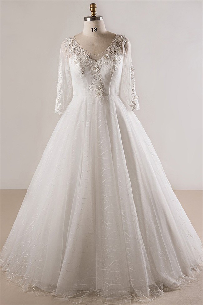 Ball Gown V Neck Long Sleeve Plus Size Lace Wedding Dress