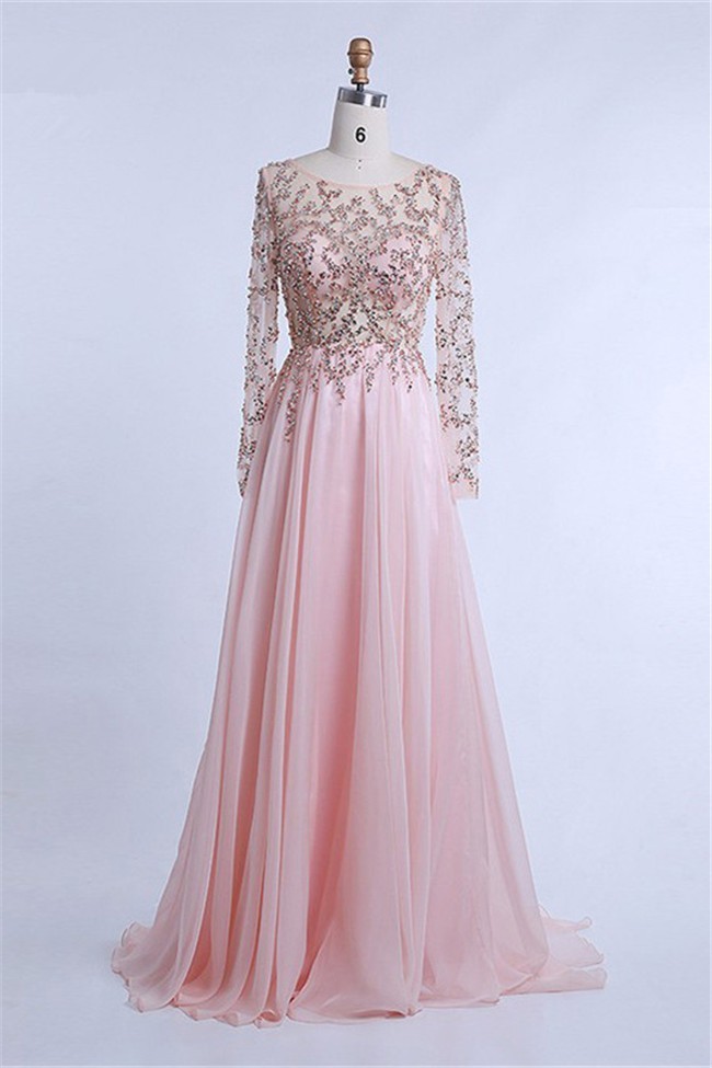Elegant Sheer Long Sleeve Light Pink Chiffon Tulle Beaded Prom Dress 