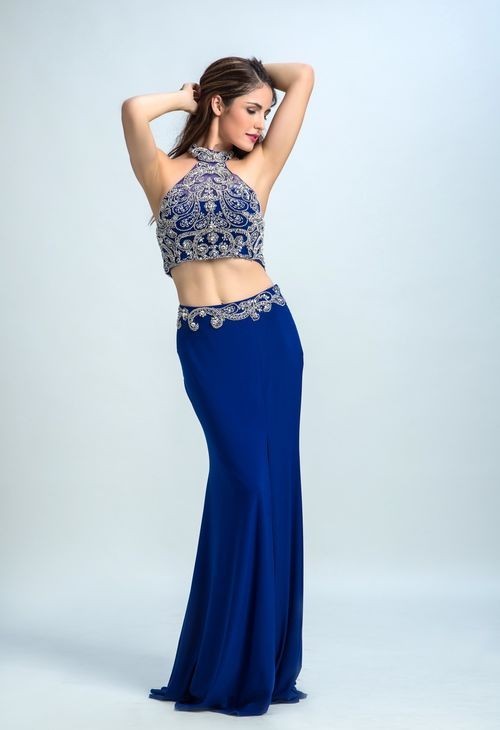 Gorgeous Halter Two Piece Royal Blue Satin Beaded Prom Dress With Slit