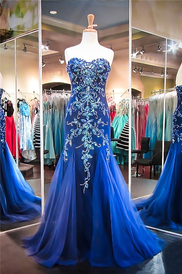 Mermaid Sweetheart Royal Blue Tulle Beaded Prom Dress