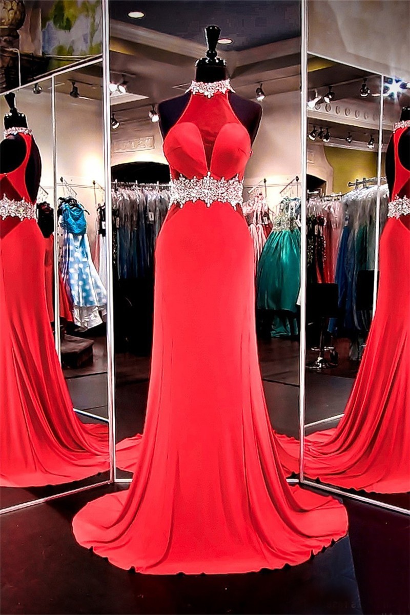 Fantastic Sheath Open Back Red Satin Tulle Beaded Evening 