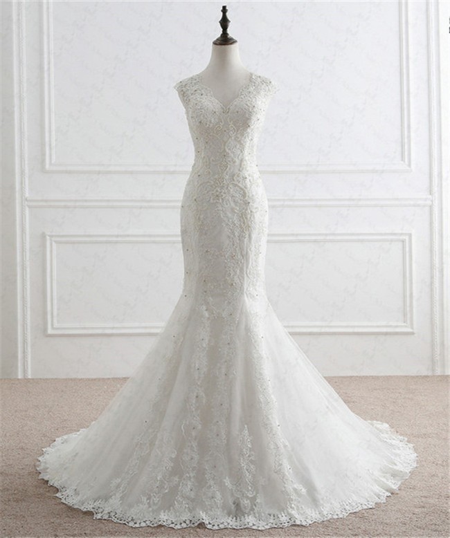 Mermaid Scalloped Neck Low Back Venice Lace Pearl Beaded Wedding Dress