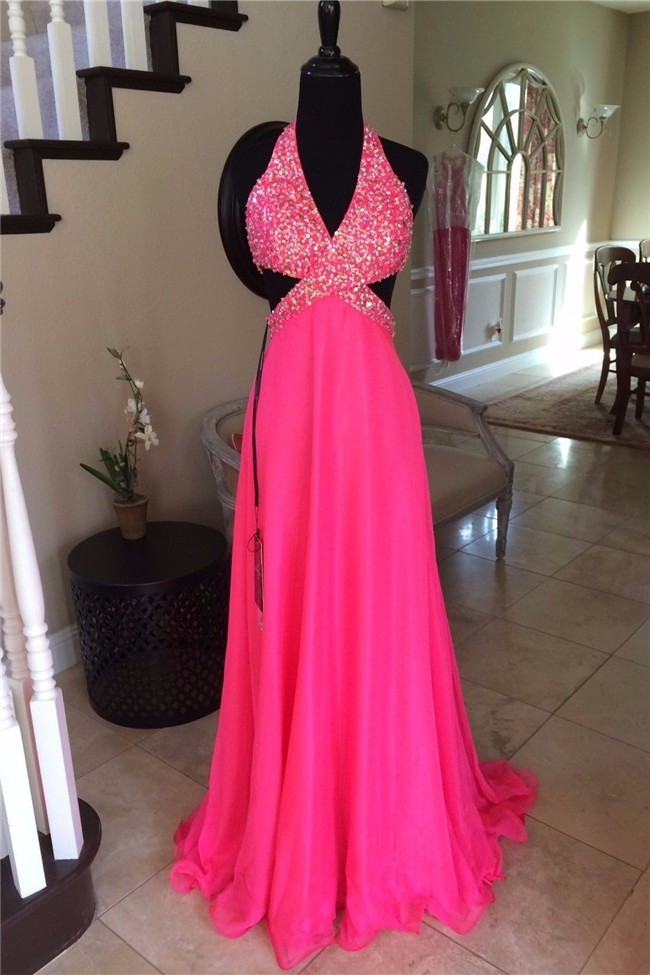 hot pink long prom dress
