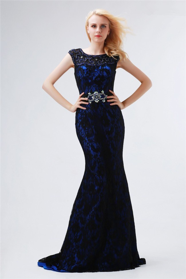Sheath Cap Sleeve Royal Blue Satin Black Lace Beaded Evening Prom Dress
