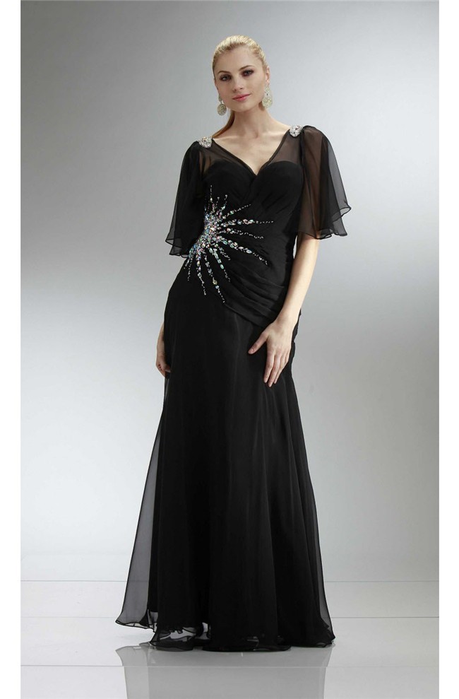 Sheath V Neck Flowing Sleeve Long Black Chiffon Beaded Evening Prom Dress