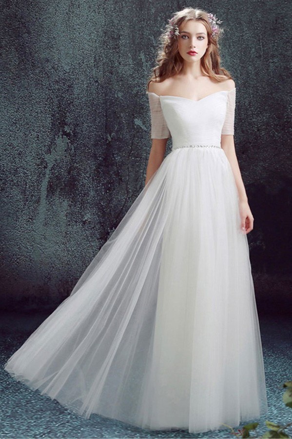 Simple Off The Shoulder Tulle Sleeve Wedding Dress Without