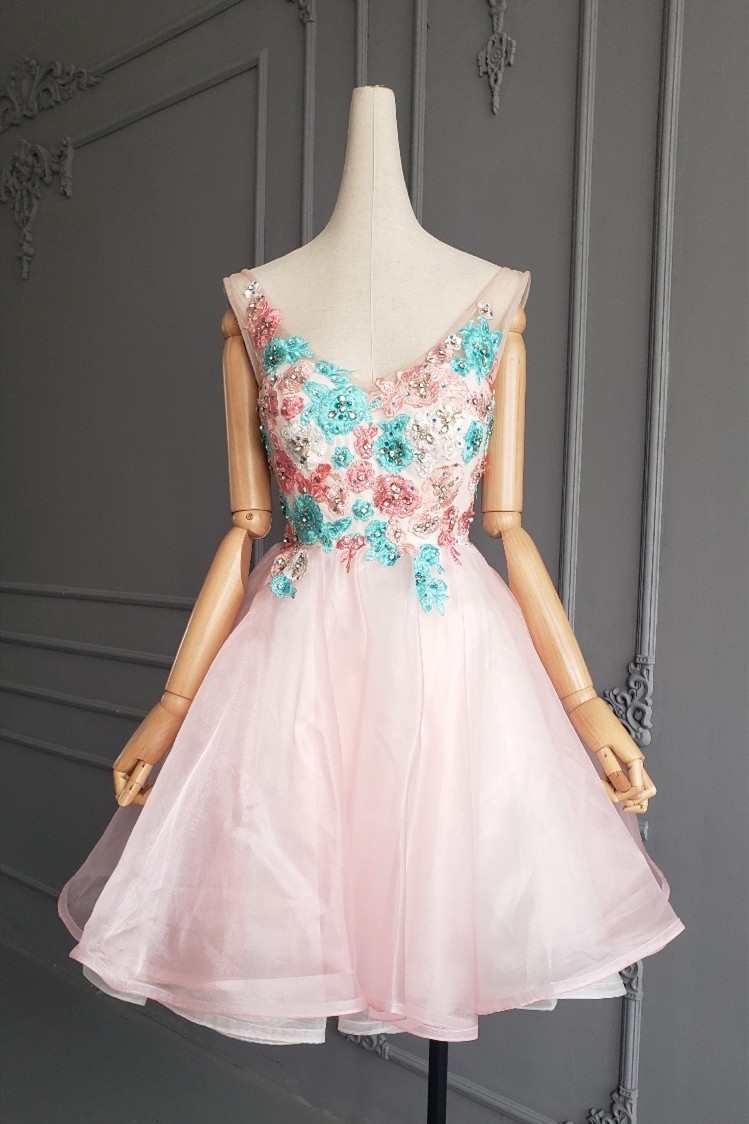 Fairy Tale V Neck Short Mini Ball Gown Pink Organza Beaded Floral ...