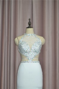 Sexy Mermaid Crystal Beaded Prom Evening Dress High Neck Sleeveless With Cutouts