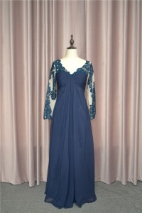 Elegant A Line Ruched Navy Blue Prom Evening Dress V Neck Long Lace Sleeves