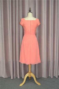 Elegant A Line Ruched Coral Prom Bridesmaid Dress V Neck Short Sleeves With Flower