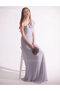 Elegant One Shoulder Lavender Chiffon A Line Prom Bridesmaid Dress With Ruffles And Sash