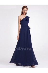 Elegant One Shoulder Navy Blue Chiffon A Line Prom Bridesmaid Dress With Ruffles And Sash