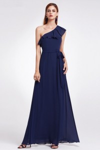 Elegant One Shoulder Navy Blue Chiffon A Line Prom Bridesmaid Dress With Ruffles And Sash