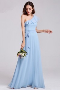 Elegant One Shoulder Ruffle Light Blue Chiffon A Line Prom Bridesmaid Dress With Sash