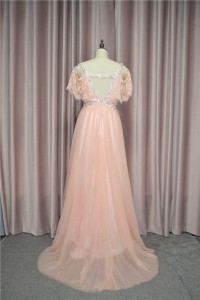 Romantic Crystal Beaded Peach Prom Evening Dress V Neck Cold Shoulder