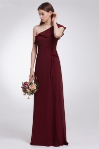 Elegant One Shoulder Burgundy Chiffon A Line Prom Bridesmaid Dress With Ruffles And Sash