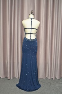 Sparkly Sheath Beaded Navy Blue Prom Party Dress High Neck Backless With Cutouts