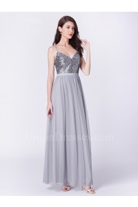 Beautiful V Neck Spaghetti Straps Sequined Bodice Grey Tulle Skirt Prom Bridesmaid Dress