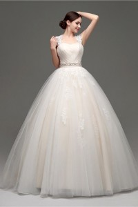 Ball Gown Cap Sleeve Open Back Champagne Satin Tulle Lace Wedding Dress With Sash Bow
