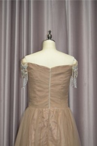 Stunning A Line Ruched Prom Party Dress With Crystals Off The Shoulder Brown Tulle