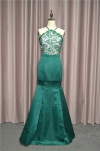Beautiful Mermaid Prom Party Dress Halter Open Back Green Lace