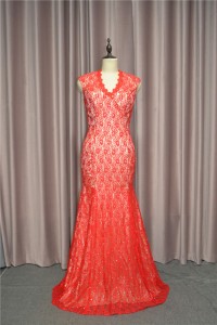 Elegant Mermaid Red Lace Prom Party Dress V Neck Cap Sleeves Open Back