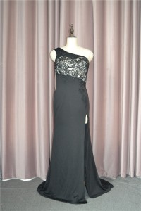Elegant Beaded Sheath Prom Party Dress One Shoulder Side Slit Black Lace