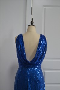 Sparkly Sequined Royal Blue Mermaid Prom Party Dress Scoop Low Back Side Slit