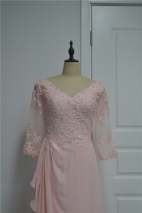 Beautiful A Line Beaded Prom Party Dress V Neck 3 4 Sleeves Pink Chiffon Lace