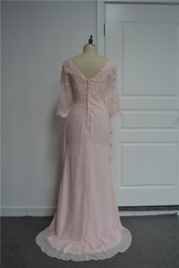Beautiful A Line Beaded Prom Party Dress V Neck 3 4 Sleeves Pink Chiffon Lace