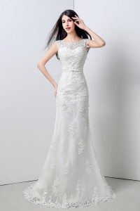 Elegant Mermaid Scoop Neck V Back Cap Sleeve Lace Wedding Dress With Sash Bow