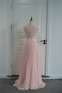 Elegant Prom Bridesmaid Dress Queen Anne Neck Cap Sleeves Sheer Back Pink Chiffon Lace