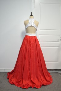 Beautiful Two Tone Ball Gown Prom Party Dress High Neck Open Back White Lace Red Taffeta