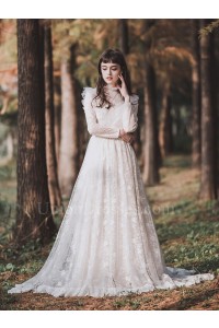 Modest High Neck Long Sleeve Lace A Line Wedding Dress With Ruffles Pearls    