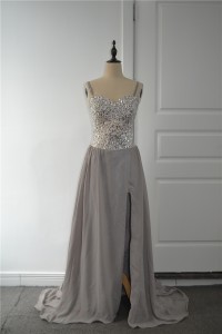 Sparkly Beaded A Line Prom Party Dress Sweetheart Spaghetti Straps Side Slit Grey Chiffon