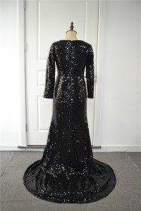 Sparkly Sequined Black Mermaid Prom Evening Dress V Neck Long Sleeves Side Slit