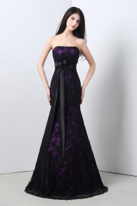 Formal Mermaid Strapless Purple Satin Black Lace Evening Dress With Sash Bow
