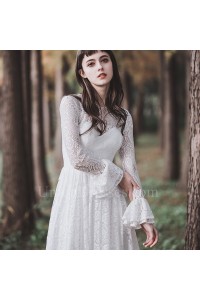 Modest Scoop Long Sleeve Lace A Line Beach Destination Wedding Dress 