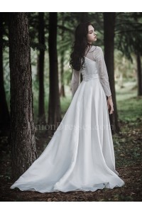 Modest V Neck Long Sleeve A Line Wedding Dress With Pearls