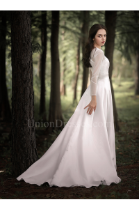 Modest V Neck Long Sleeve A Line Wedding Dress With Pearls