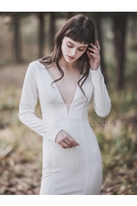 Sexy Deep V Neck Long Sleeve Open Back White Mermaid Wedding Dress With Buttons