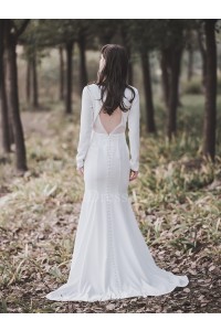 Sexy Deep V Neck Long Sleeve Open Back White Mermaid Wedding Dress With Buttons