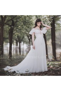 Romantic Scoop Ruffled Sleeve White Chiffon Crystal Beaded A Line Wedding Dress With Buttons