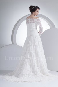 Modest Off The Shoulder 3 4 Sleeve Bow Sash Tiered Lace Wedding Dress Bridal Gown