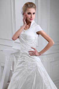 Modest A Line Cap Sleeve Beaded Appliques Ruched Taffeta Wedding Dress Bridal Gown 
