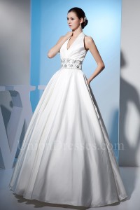 Beautiful Ball Gown Halter Crystal Beaded White Taffeta Wedding Dress Corset Back Without Lace