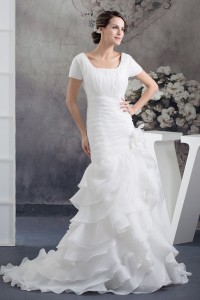 Modest Mermaid Square Neckline Short Sleeve Layered Organza Wedding Dress Bridal Gown 